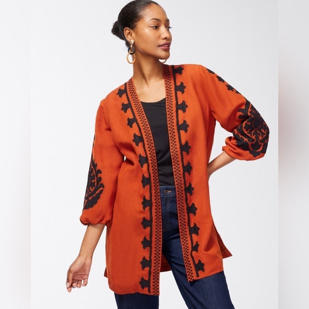 Chico’s Linen Blend Applique Jacket, Rust/Black, Size XL, GUC - Picture 2 of 9
